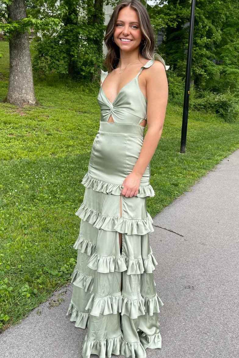 Sage Green A-Line Satin Tiered Long Prom Dress with Slit