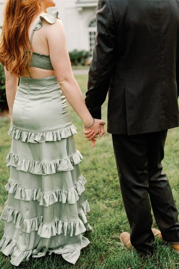 Sage Green A-Line Satin Tiered Long Prom Dress with Slit