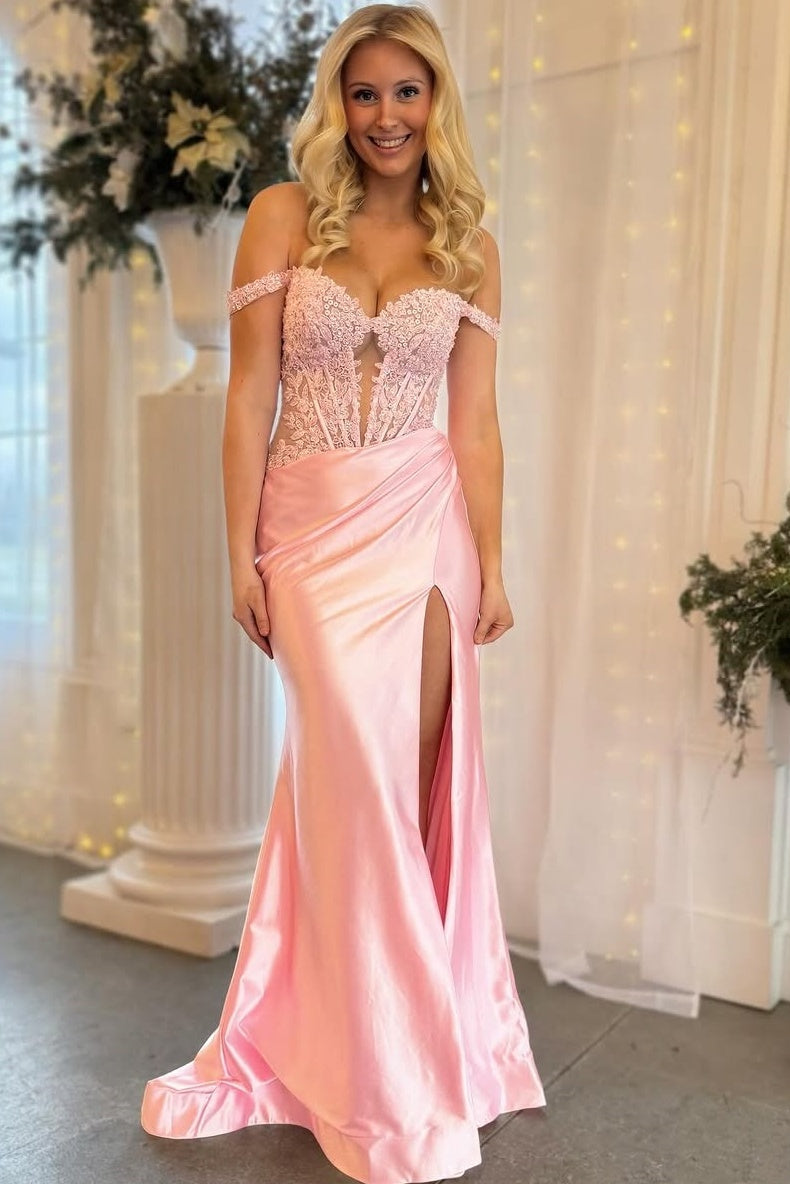 Pink Off-the-Shoulder Satin Mermaid Long Prom Dress with Appliques