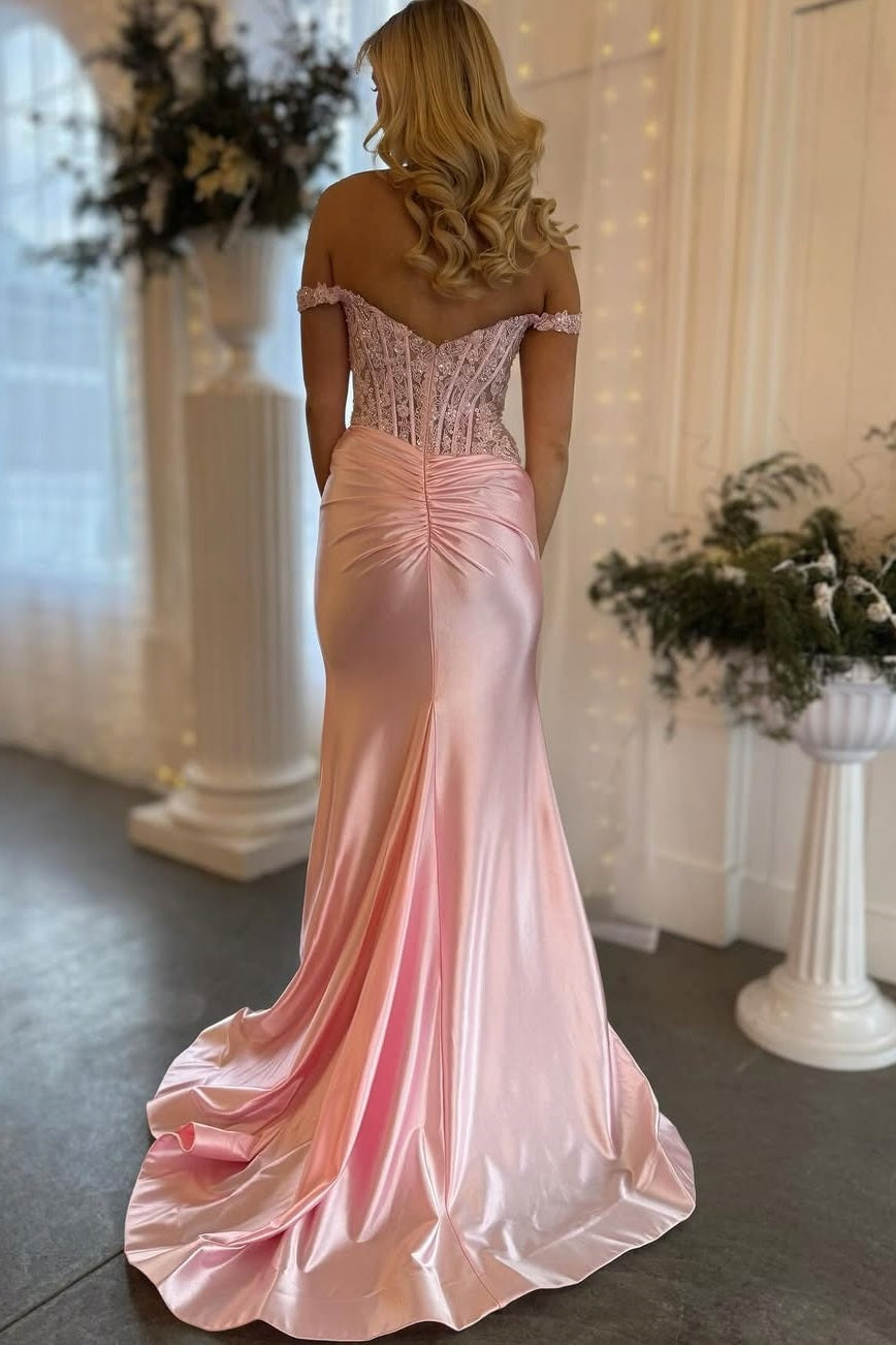 Pink Off-the-Shoulder Satin Mermaid Long Prom Dress with Appliques