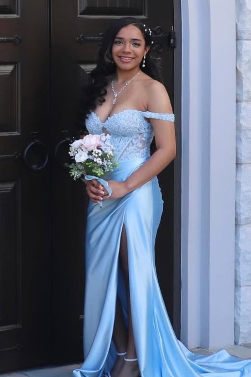 Pink Off-the-Shoulder Satin Mermaid Long Prom Dress with Appliques