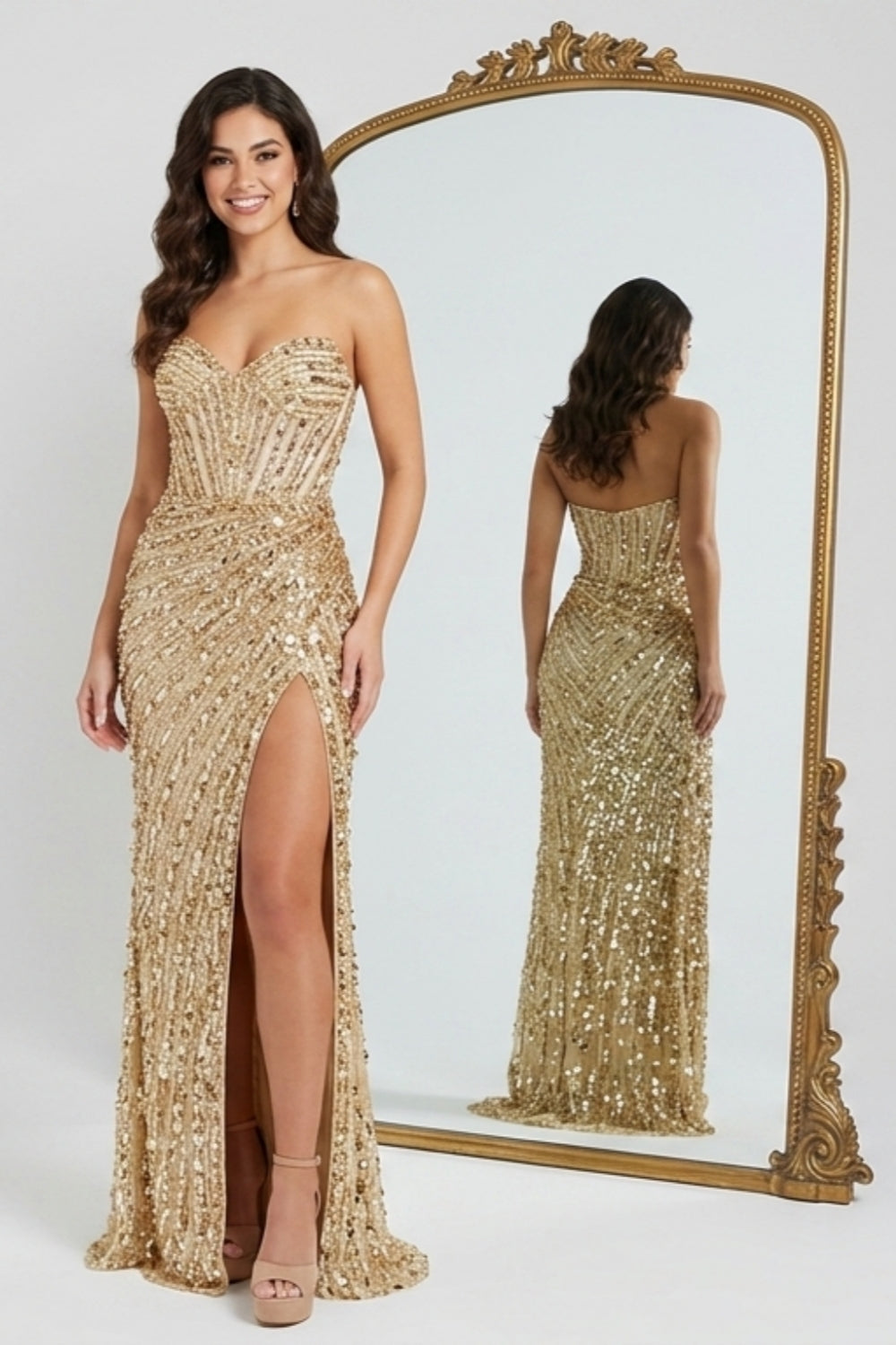 Sparkly Gold Sweetheart Sequin Mermaid Long Prom Dress with Slit