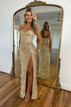 Sparkly Gold Sequin Sweetheart Mermaid Long Prom Dress with Slit
