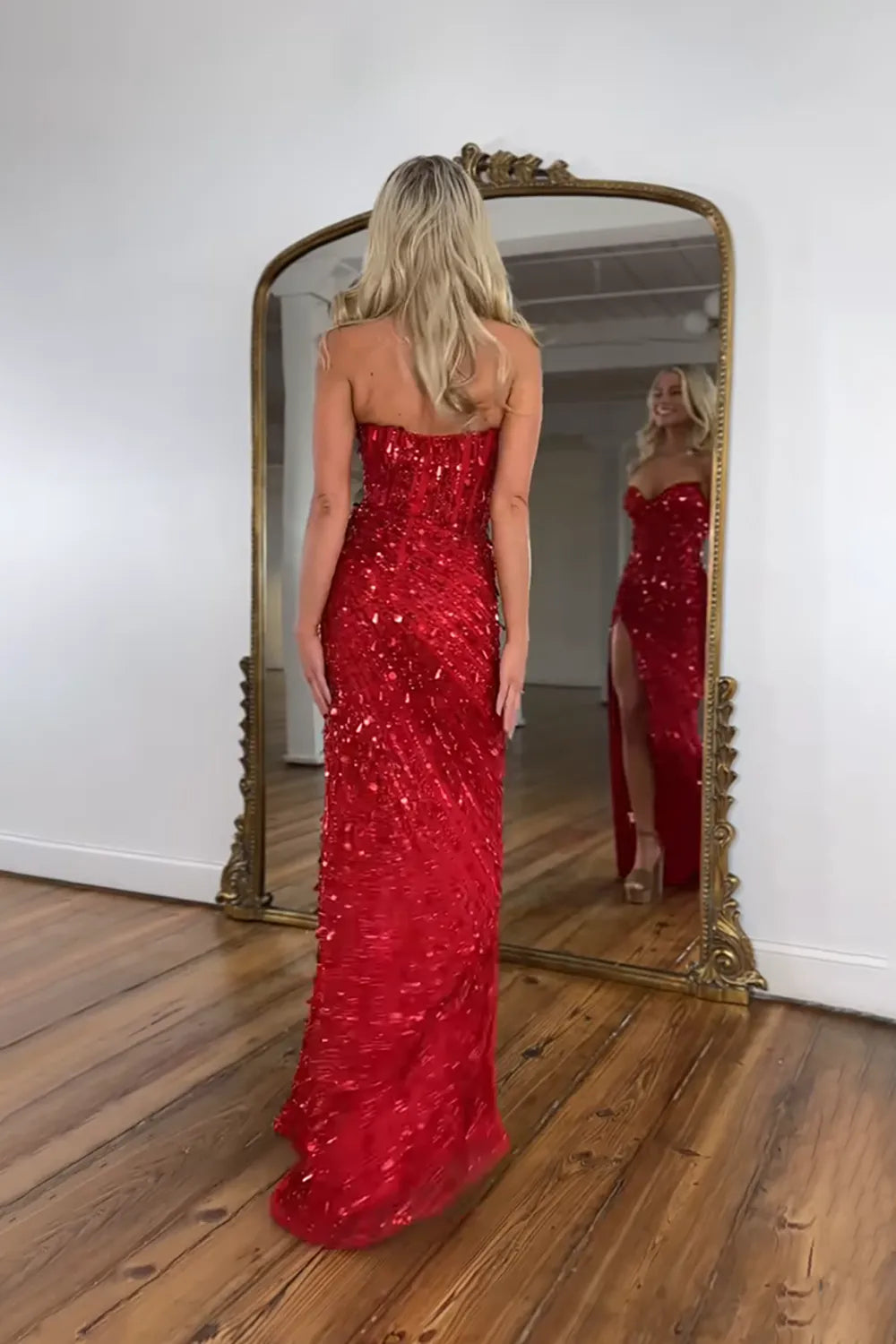 Sparkly Gold Sequin Sweetheart Mermaid Long Prom Dress with Slit