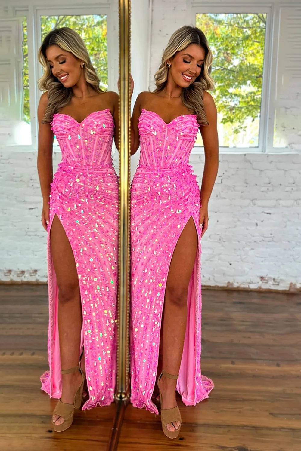 Sparkly Gold Sequin Sweetheart Mermaid Long Prom Dress with Slit