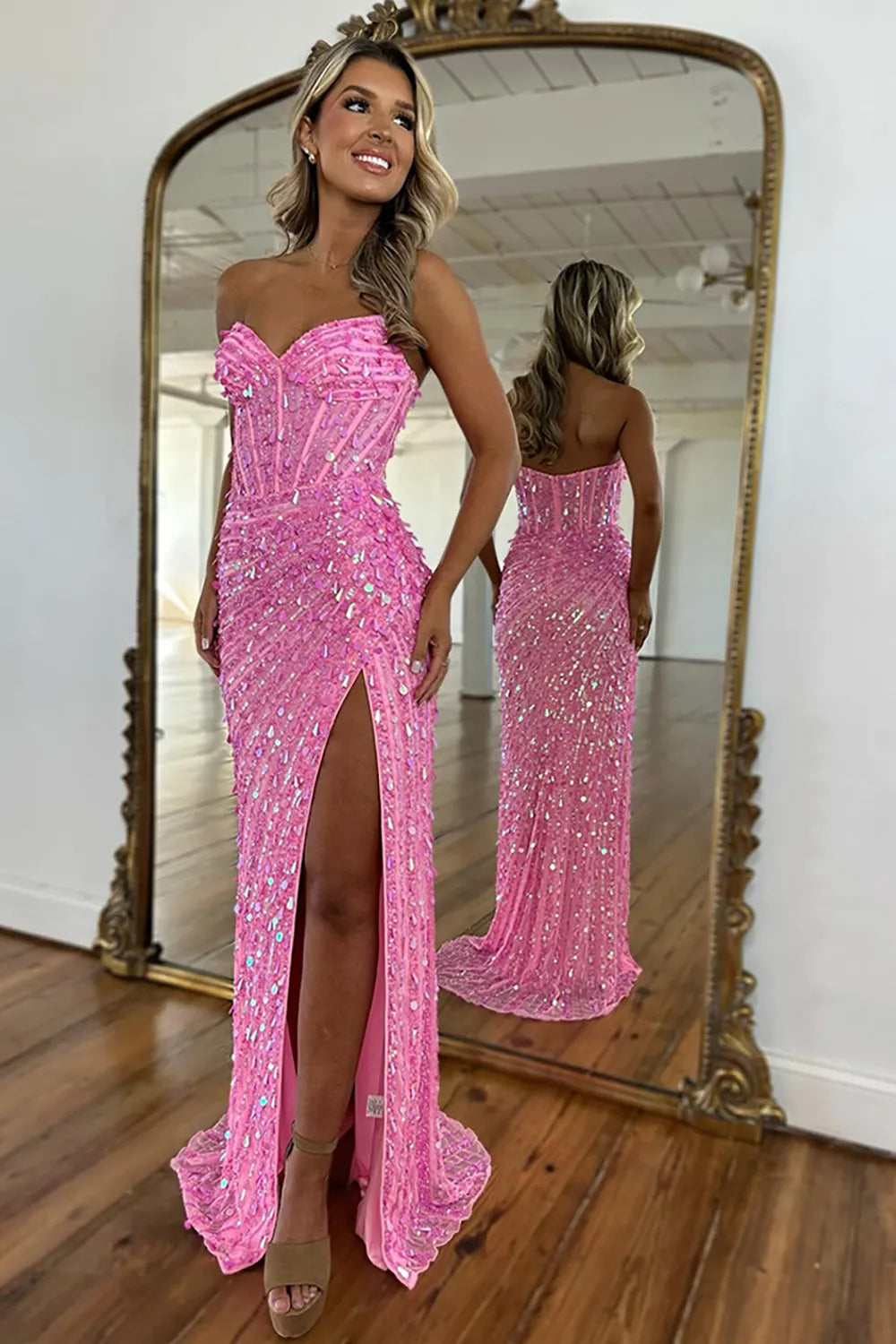 Sparkly Gold Sequin Sweetheart Mermaid Long Prom Dress with Slit
