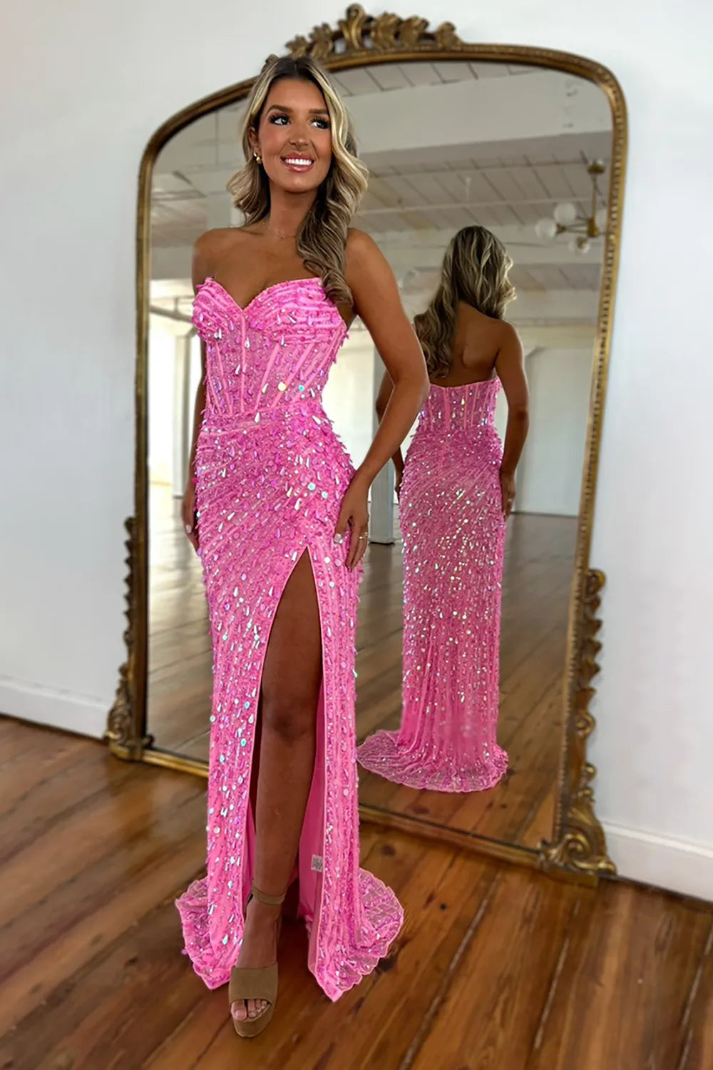Sparkly Gold Sequin Sweetheart Mermaid Long Prom Dress with Slit