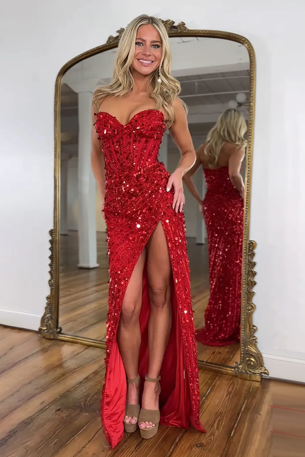 Sparkly Gold Sequin Sweetheart Mermaid Long Prom Dress with Slit