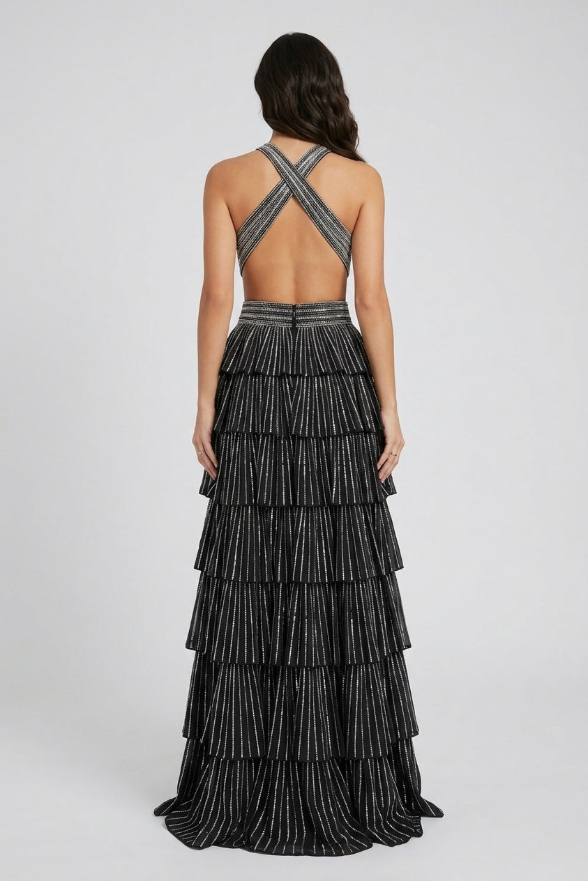Glitter Black Halter Beaded A-Line Tiered Long Prom Dress with Slit