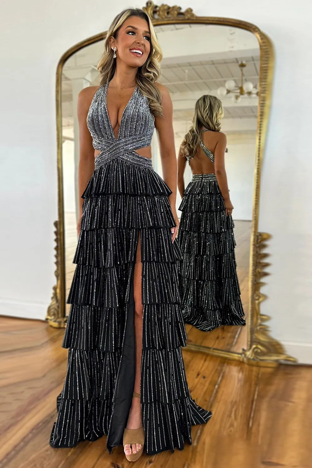 Sparkly Black Halter Beaded A-Line Tiered Long Prom Dress with Slit
