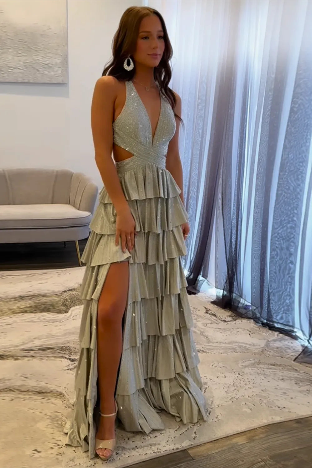 Sparkly Black Halter Beaded A-Line Tiered Long Prom Dress with Slit