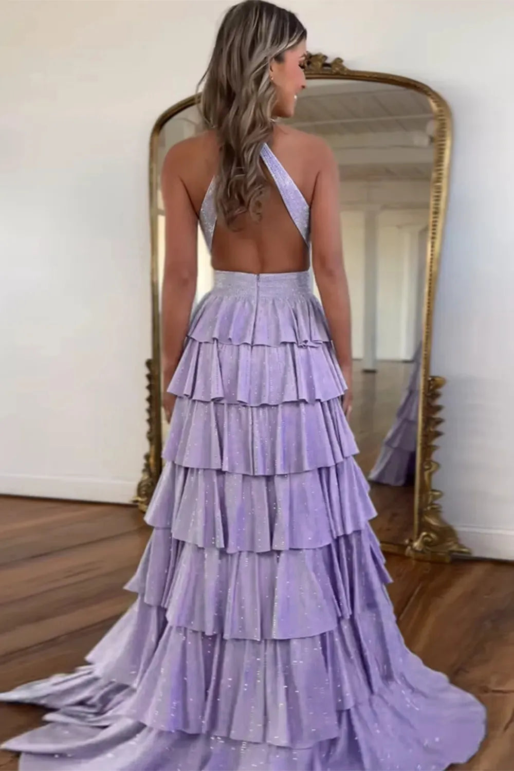 Sparkly Black Halter Beaded A-Line Tiered Long Prom Dress with Slit