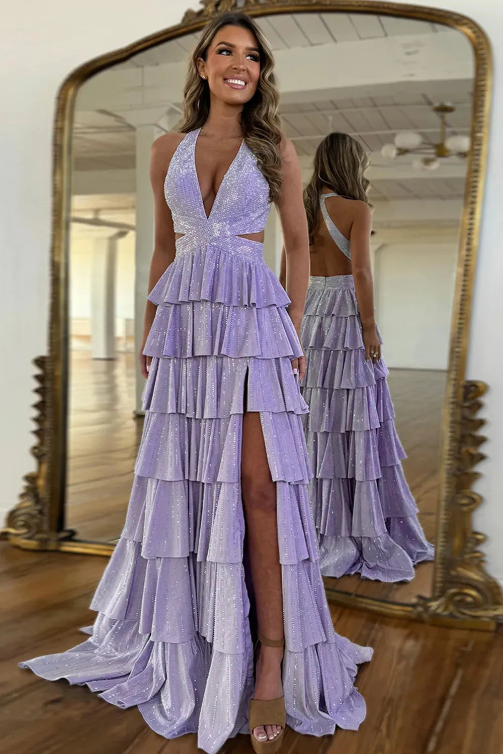 Sparkly Black Halter Beaded A-Line Tiered Long Prom Dress with Slit