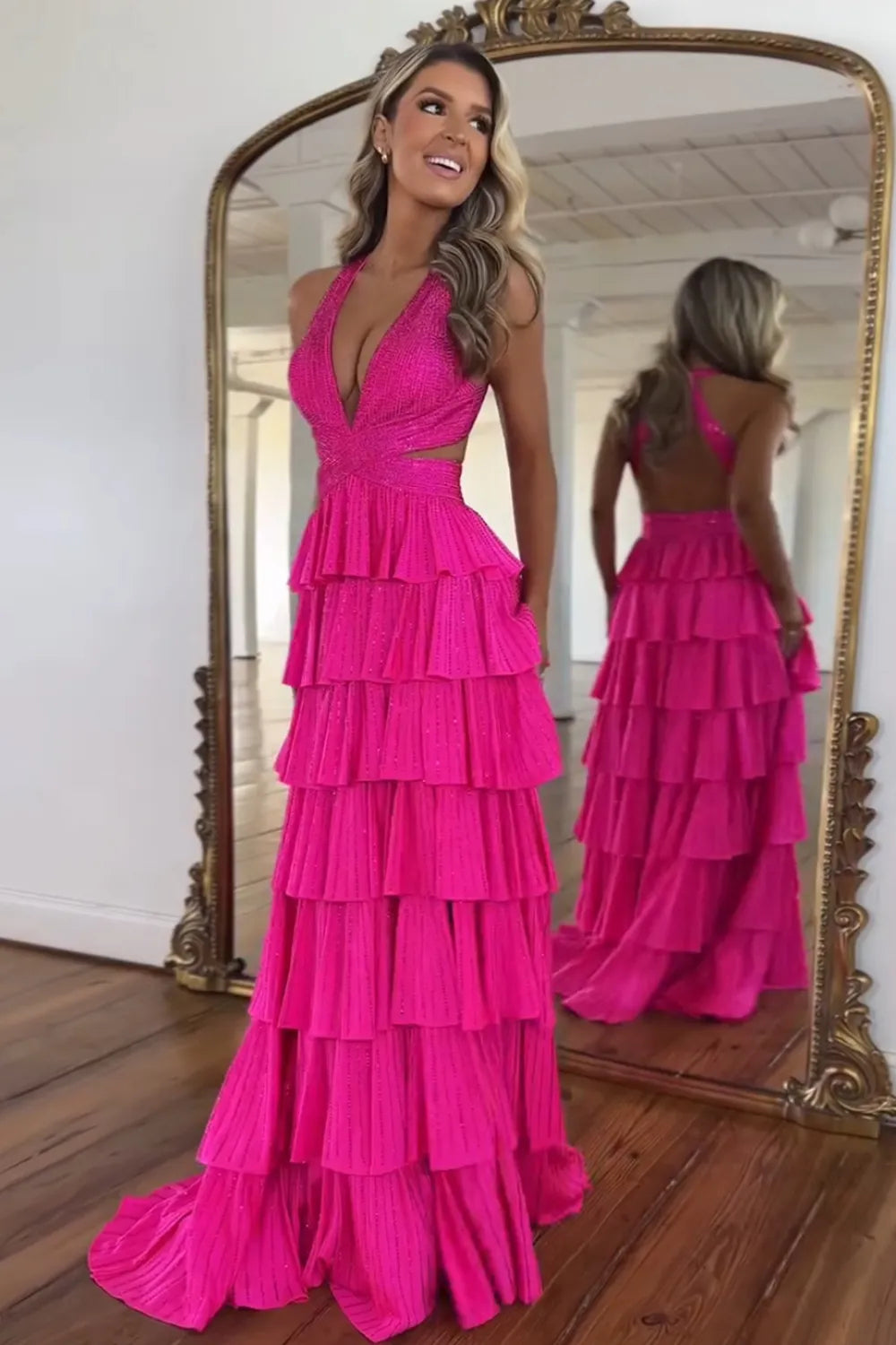 Sparkly Black Halter Beaded A-Line Tiered Long Prom Dress with Slit