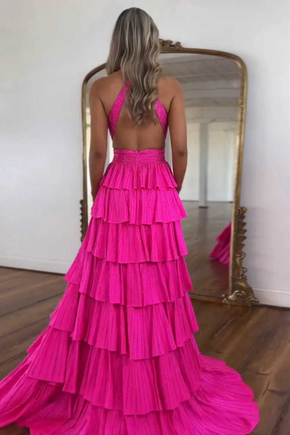 Sparkly Black Halter Beaded A-Line Tiered Long Prom Dress with Slit