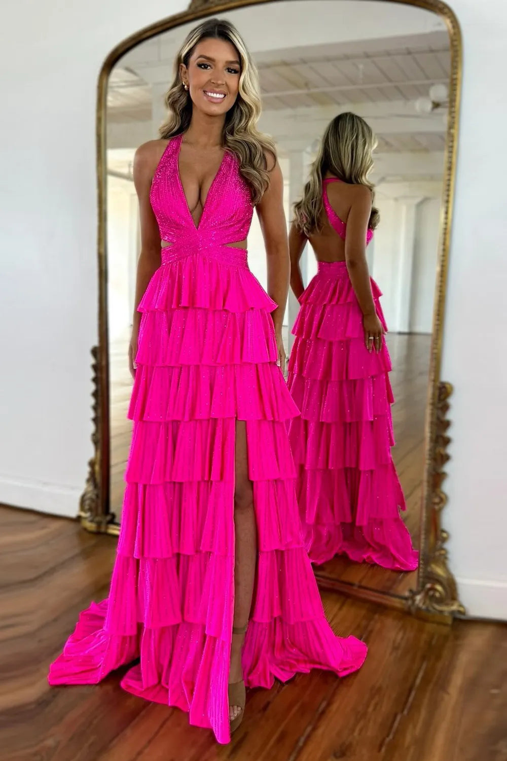 Sparkly Black Halter Beaded A-Line Tiered Long Prom Dress with Slit