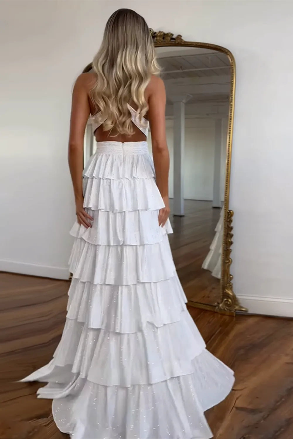 Sparkly Black Halter Beaded A-Line Tiered Long Prom Dress with Slit