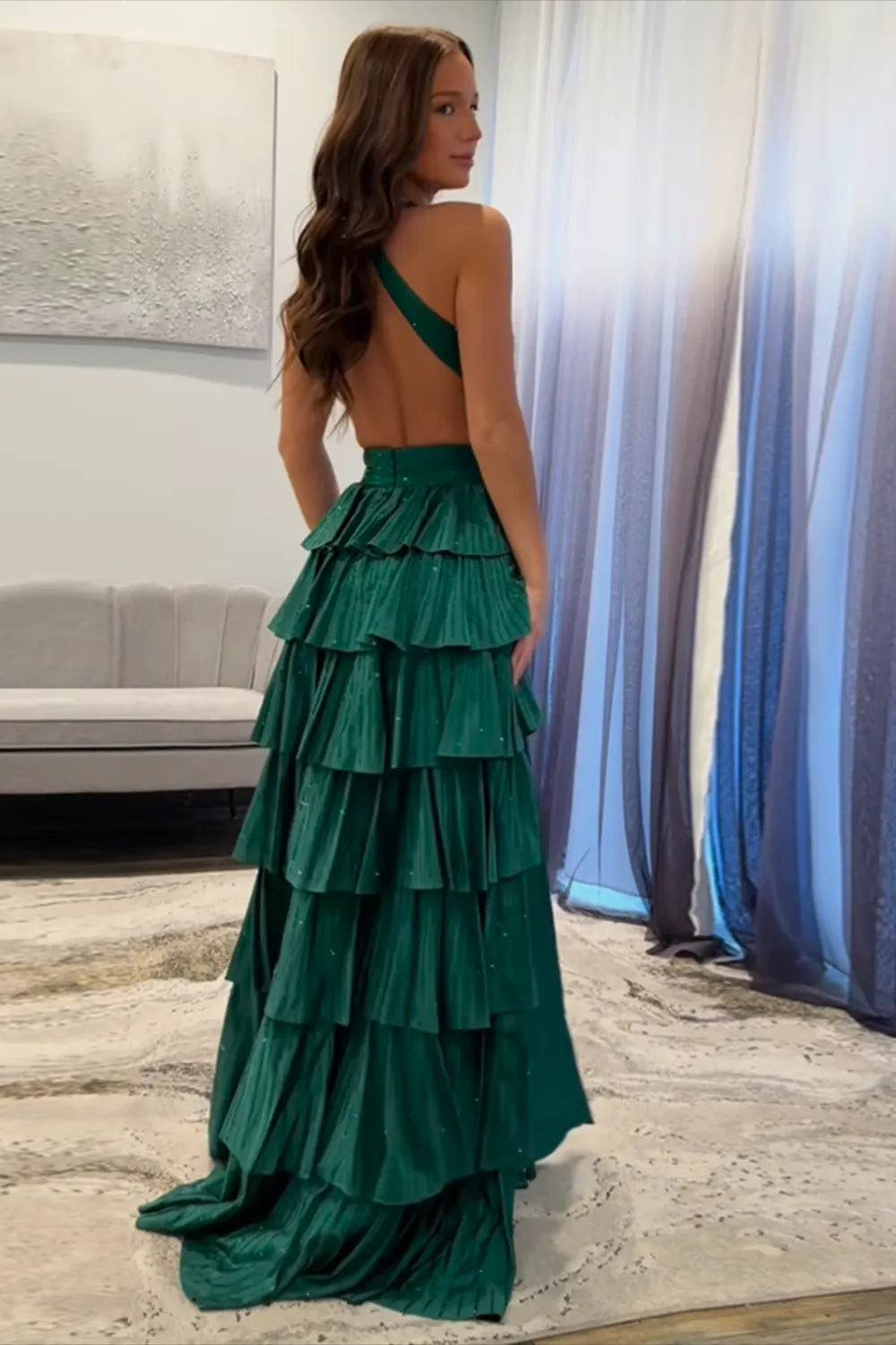 Sparkly Black Halter Beaded A-Line Tiered Long Prom Dress with Slit
