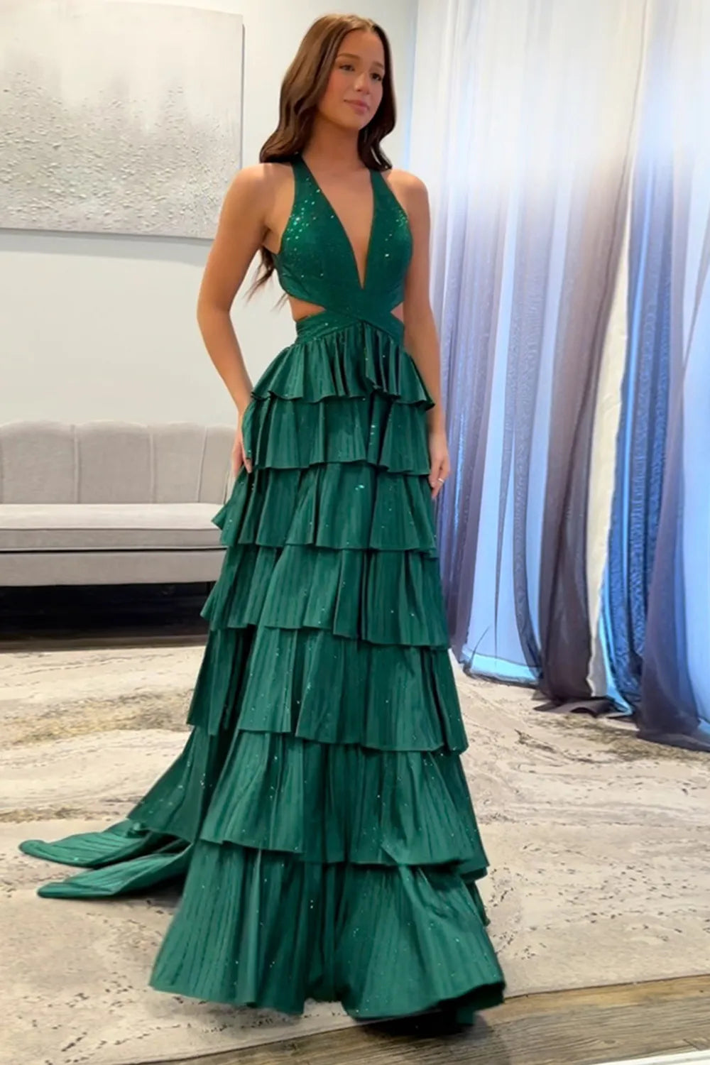 Sparkly Black Halter Beaded A-Line Tiered Long Prom Dress with Slit