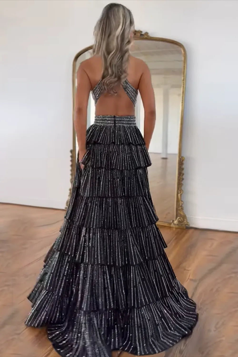 Sparkly Black Halter Beaded A-Line Tiered Long Prom Dress with Slit