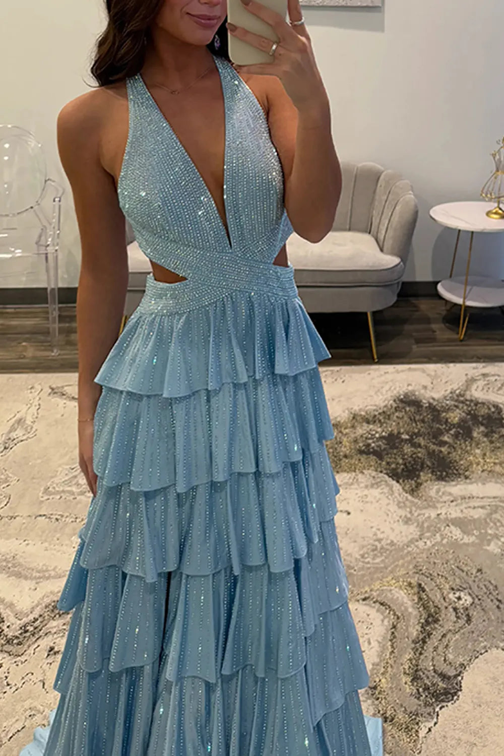 Sparkly Black Halter Beaded A-Line Tiered Long Prom Dress with Slit