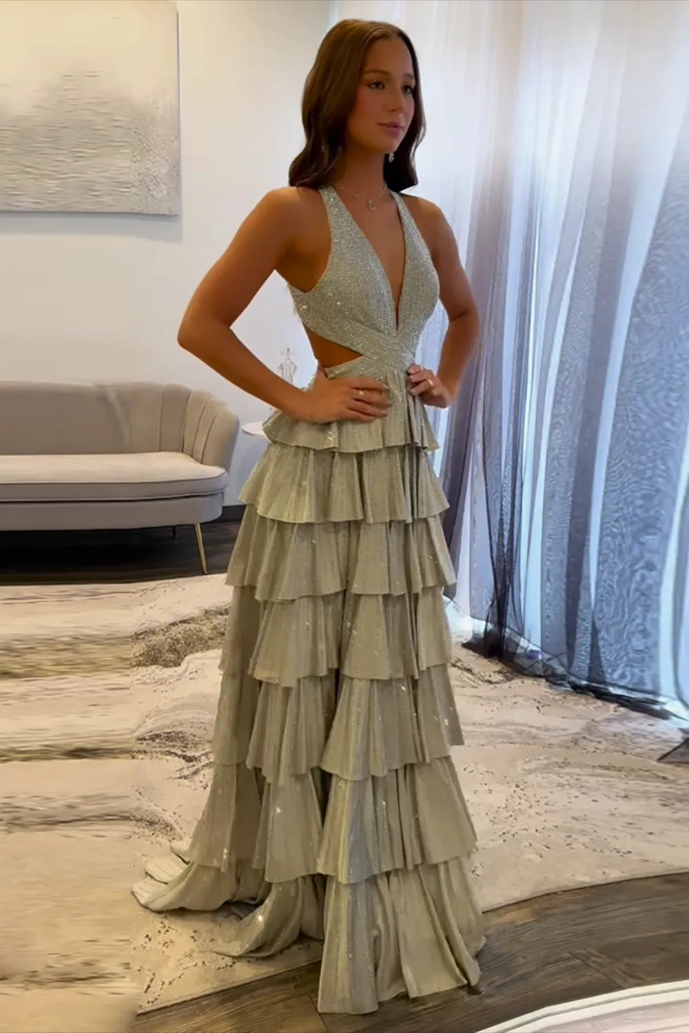 Sparkly Black Halter Beaded A-Line Tiered Long Prom Dress with Slit