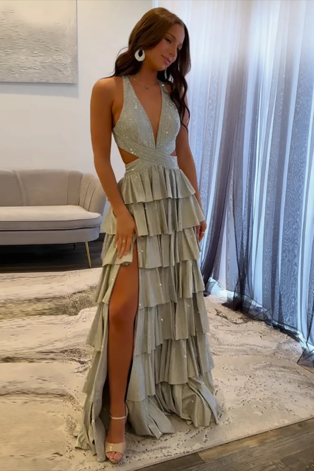 Sparkly Black Halter Beaded A-Line Tiered Long Prom Dress with Slit
