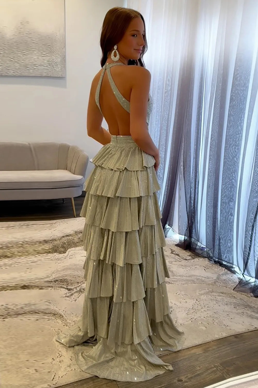 Sparkly Black Halter Beaded A-Line Tiered Long Prom Dress with Slit