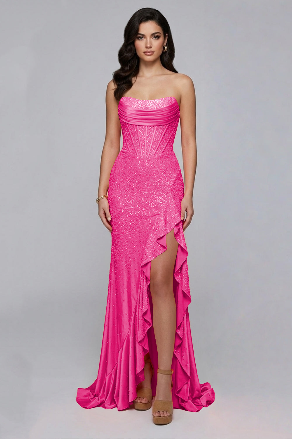 Sparkly Orange Strapless Mermaid Beaded Long Prom Dress with Ruffles