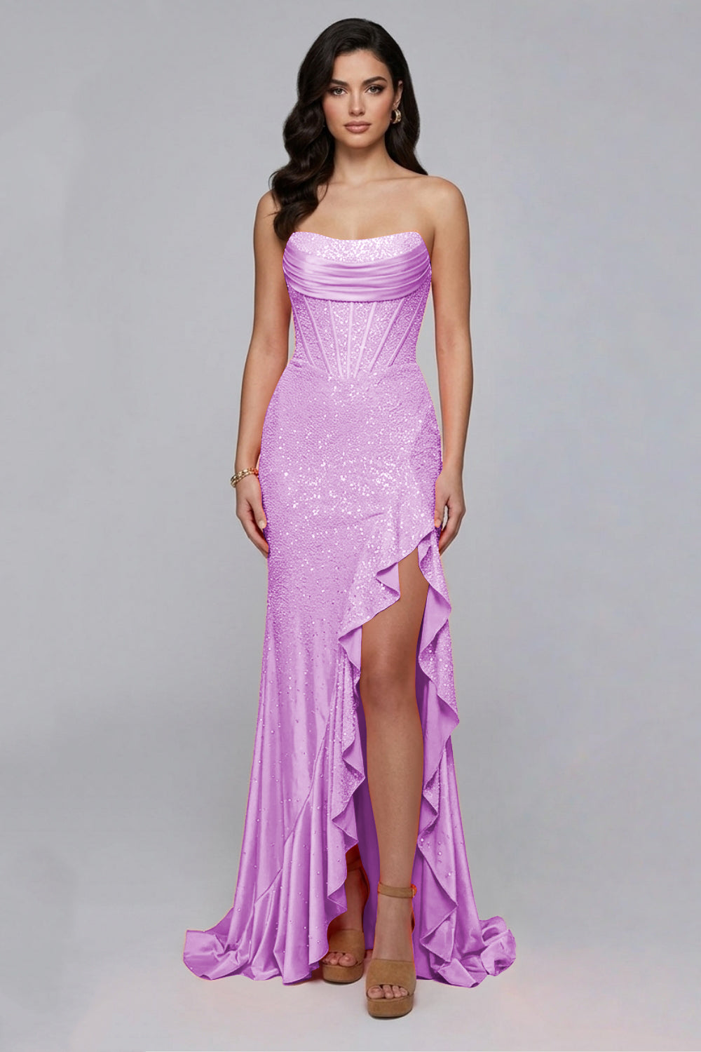 Sparkly Orange Strapless Mermaid Beaded Long Prom Dress with Ruffles