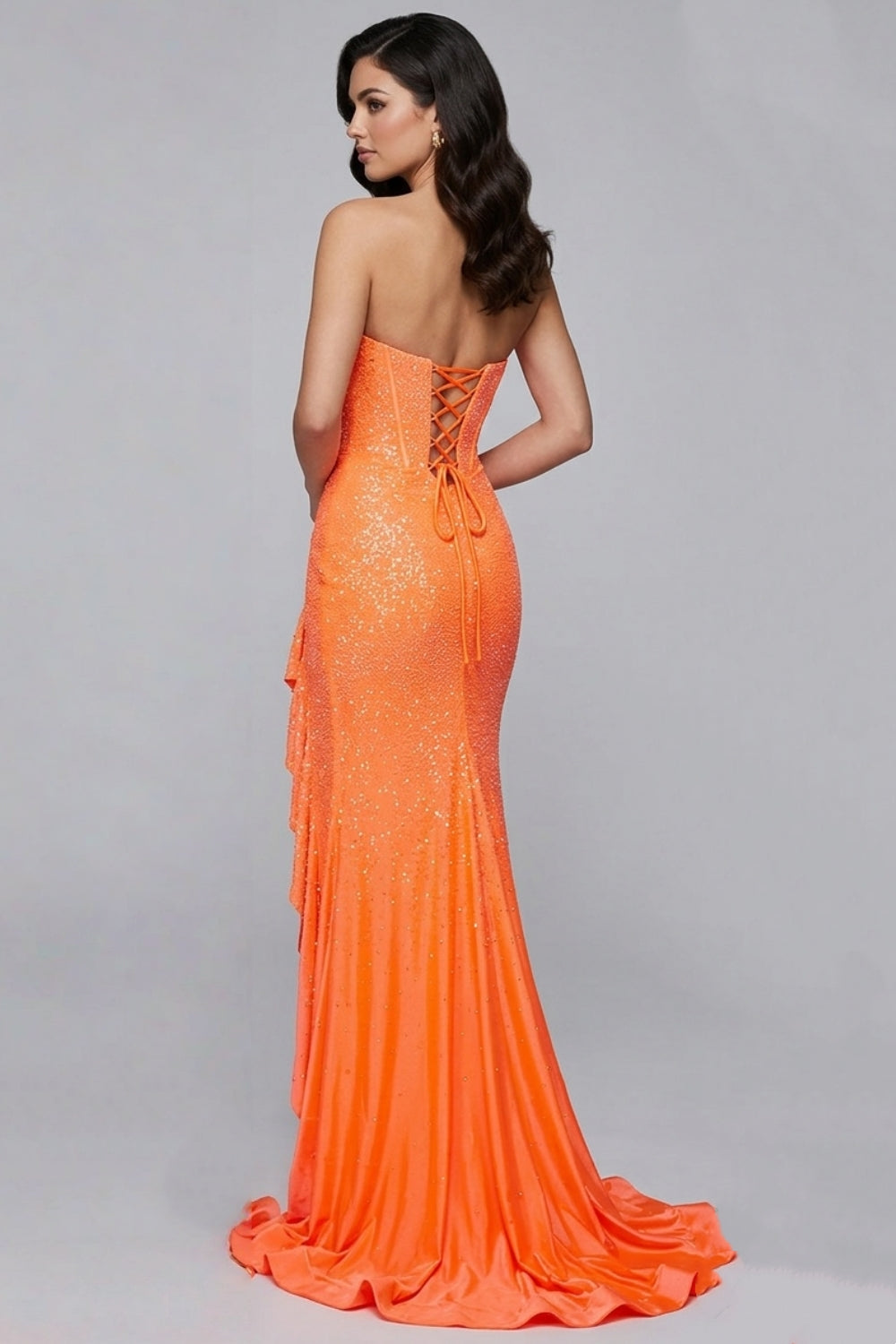Sparkly Orange Strapless Mermaid Beaded Long Prom Dress with Ruffles