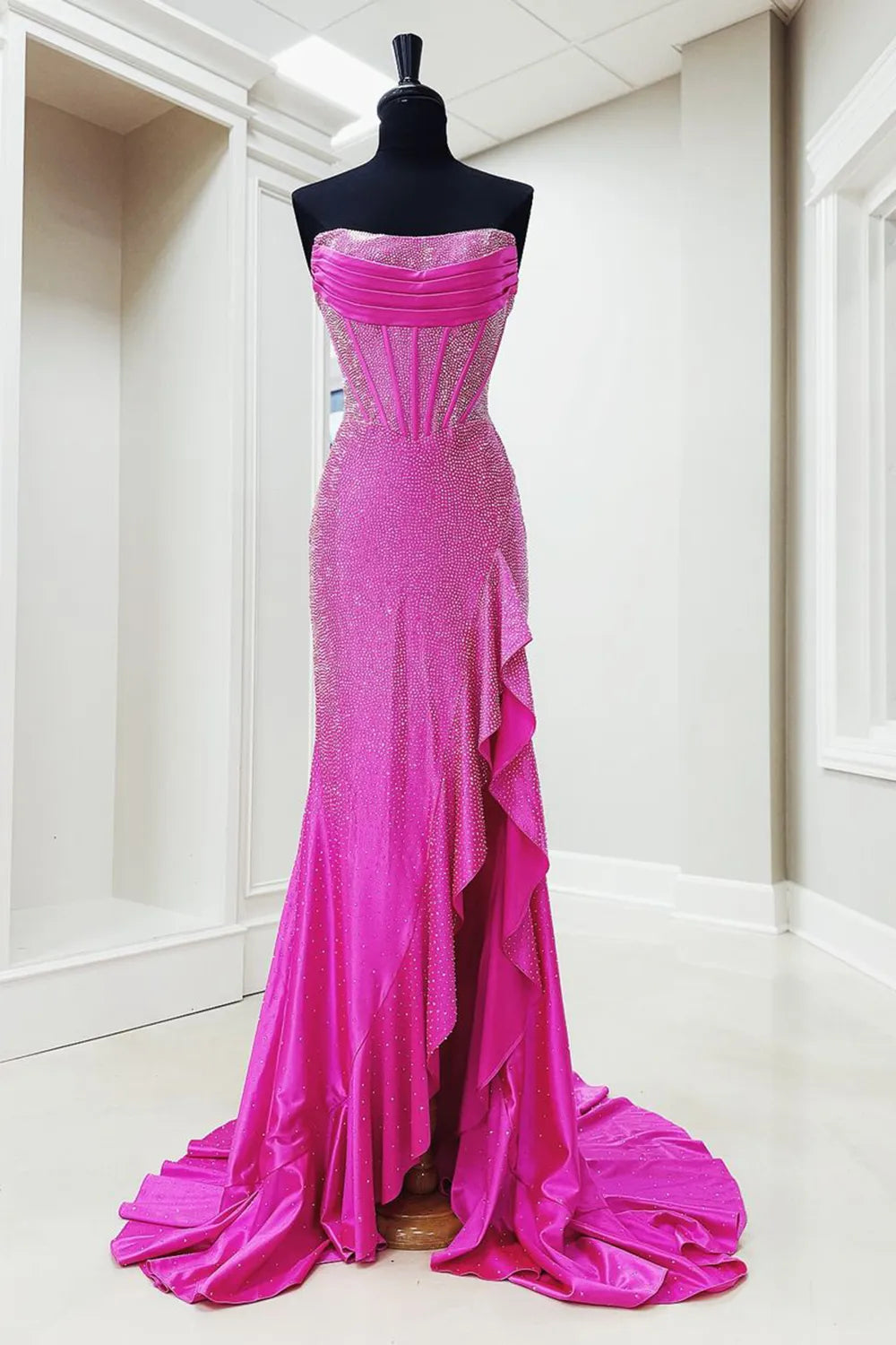 Sparkly Orange Strapless Beaded Mermaid Long Prom Dress with Slit