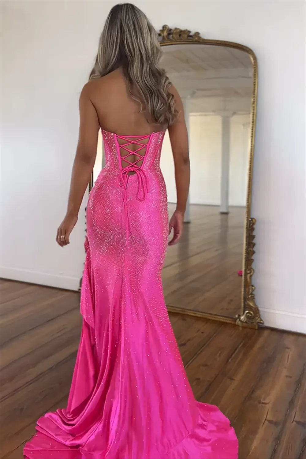 Sparkly Orange Strapless Beaded Mermaid Long Prom Dress with Slit
