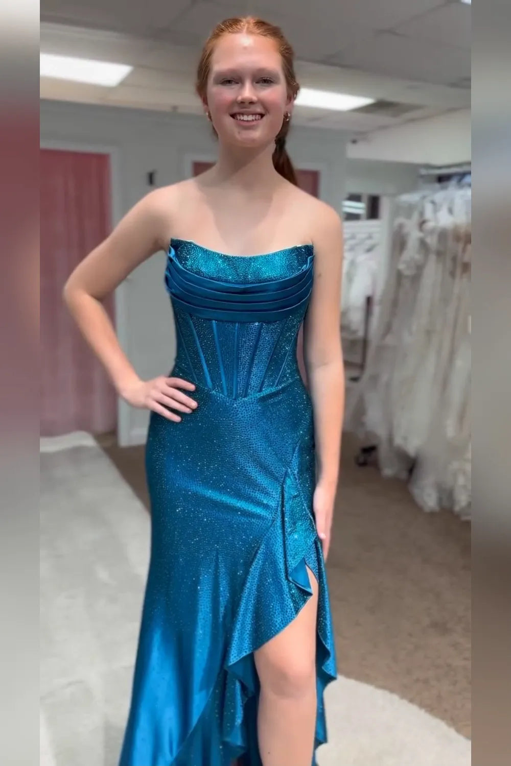 Sparkly Orange Strapless Beaded Mermaid Long Prom Dress with Slit