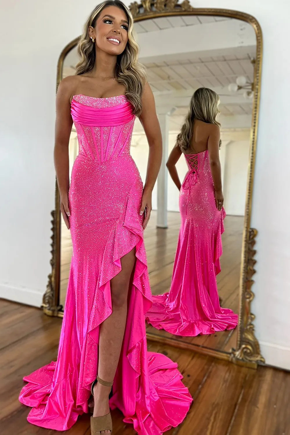Sparkly Orange Strapless Beaded Mermaid Long Prom Dress with Slit