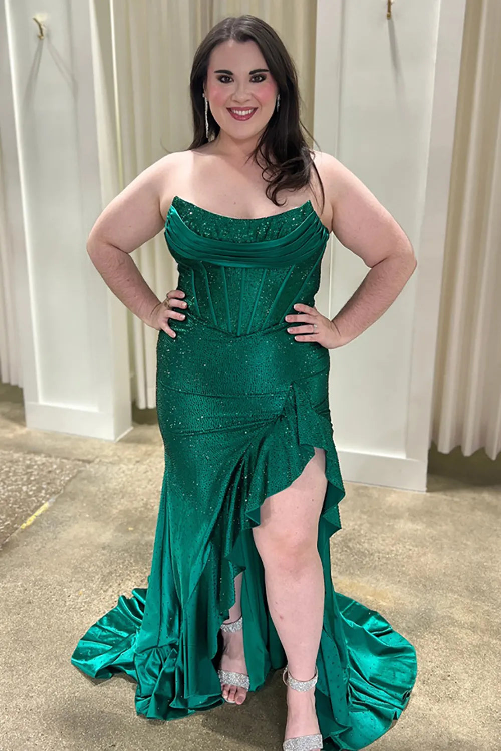 Sparkly Orange Strapless Beaded Mermaid Long Prom Dress with Slit