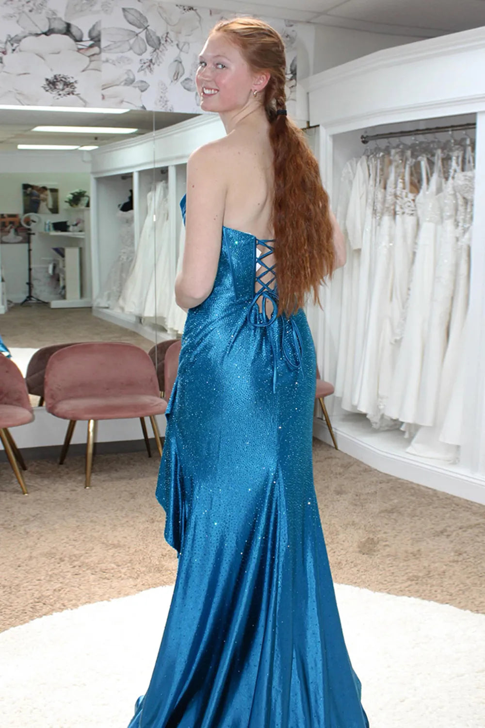 Sparkly Orange Strapless Beaded Mermaid Long Prom Dress with Slit