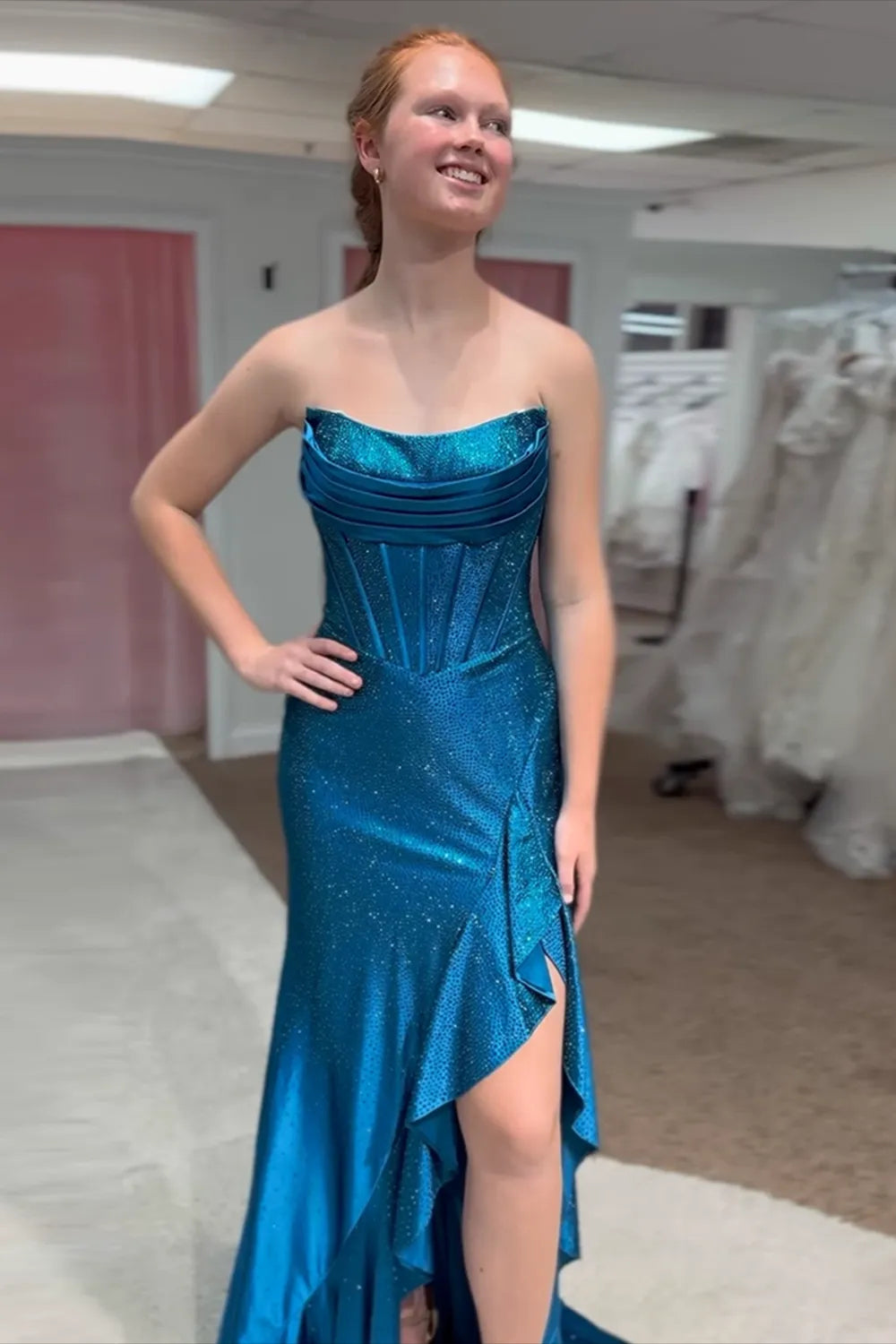 Sparkly Orange Strapless Beaded Mermaid Long Prom Dress with Slit