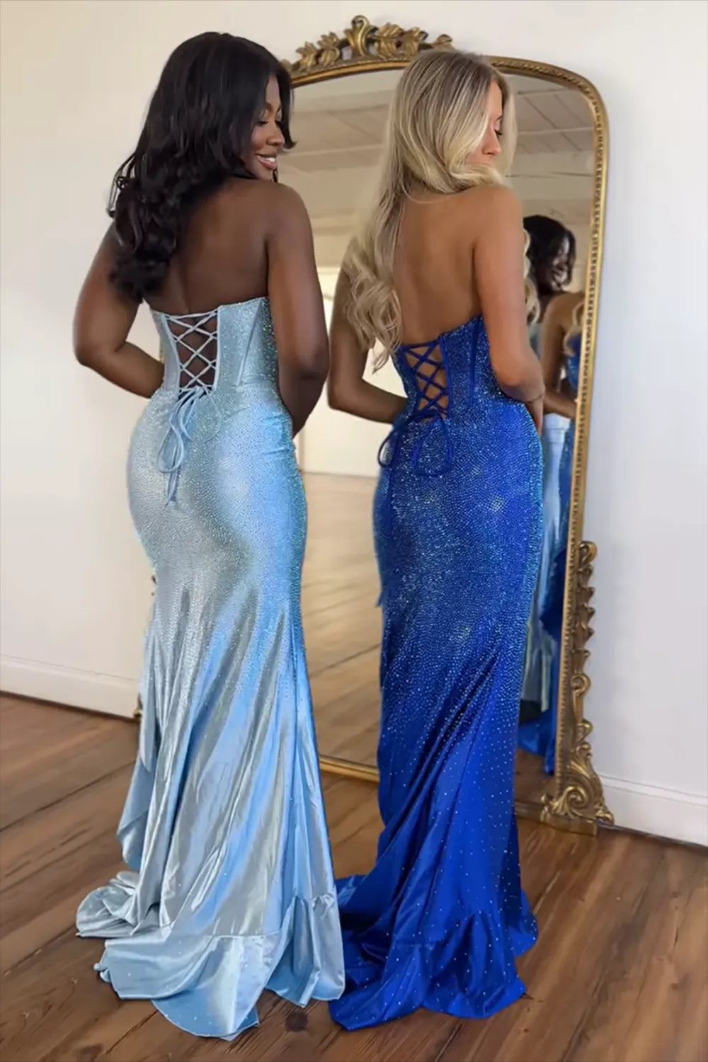 Sparkly Orange Strapless Beaded Mermaid Long Prom Dress with Slit