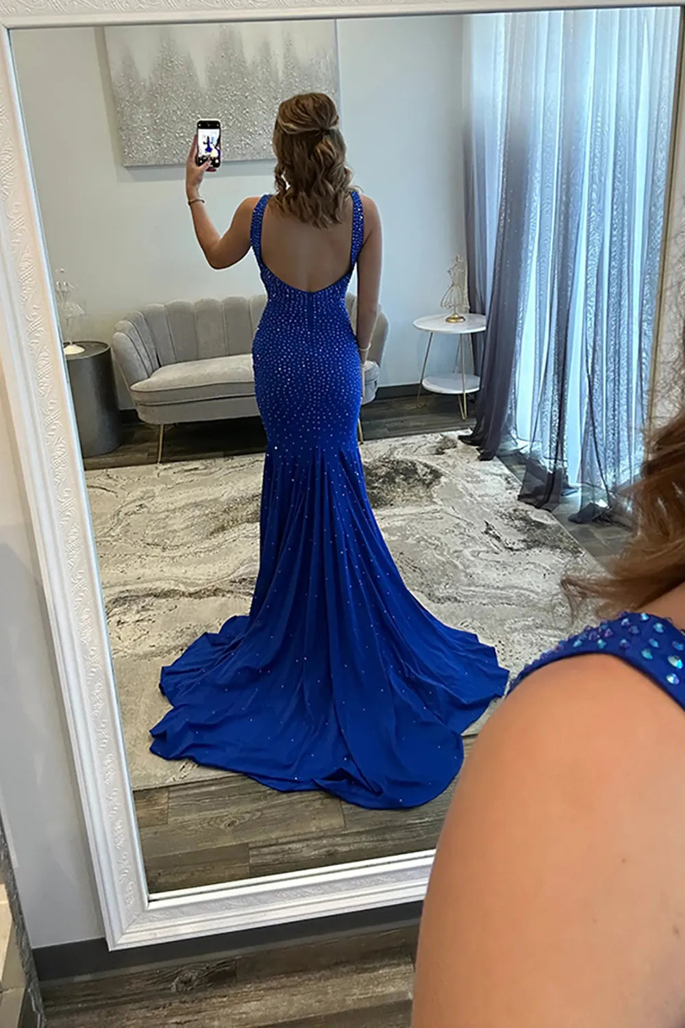 Sparkly Turquoise Beaded Mermaid Long Prom Dress with Slit