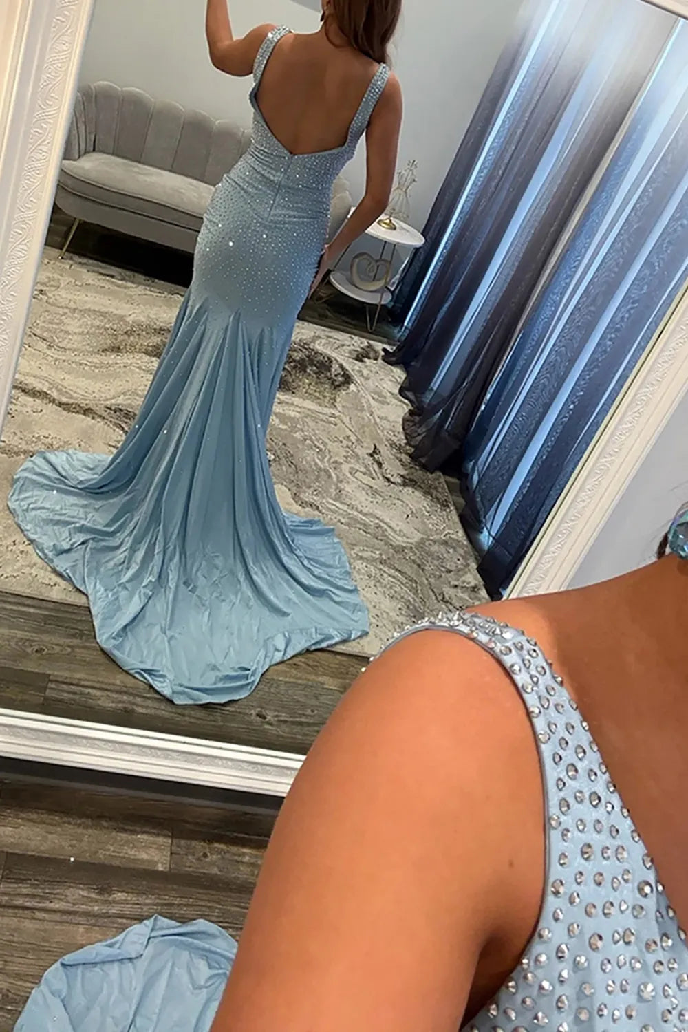Sparkly Turquoise Beaded Mermaid Long Prom Dress with Slit