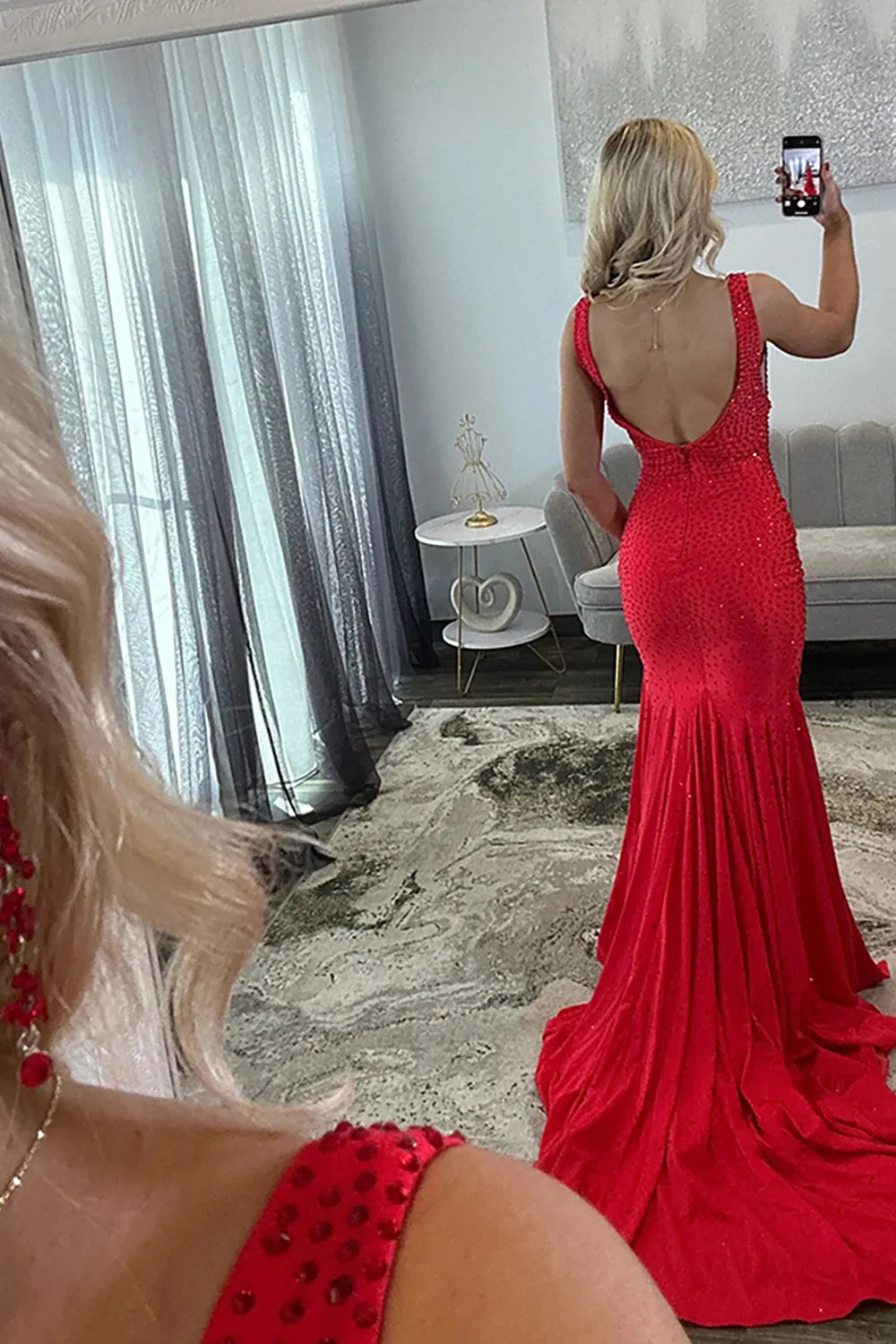 Sparkly Turquoise Beaded Mermaid Long Prom Dress with Slit