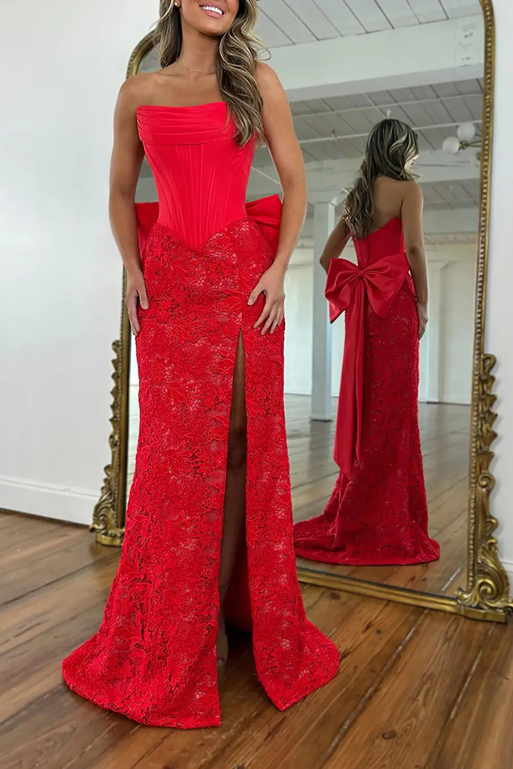 Red Strapless Lace Mermaid Long Corset Prom Dress with Bow