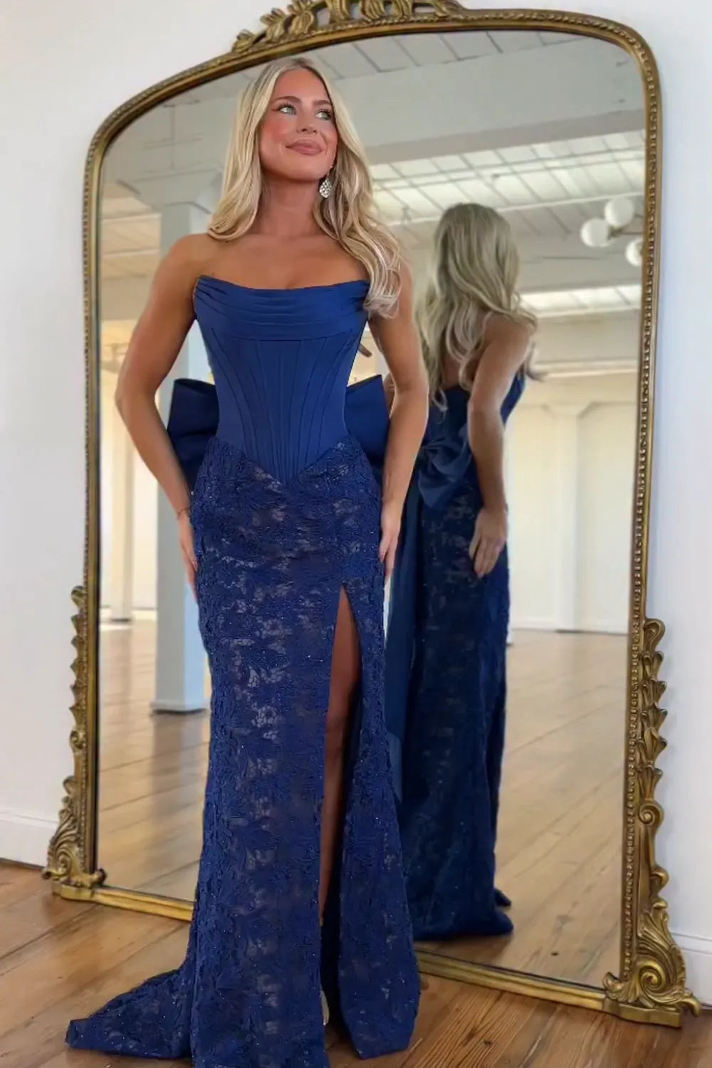 Red Strapless Lace Mermaid Long Corset Prom Dress with Bow