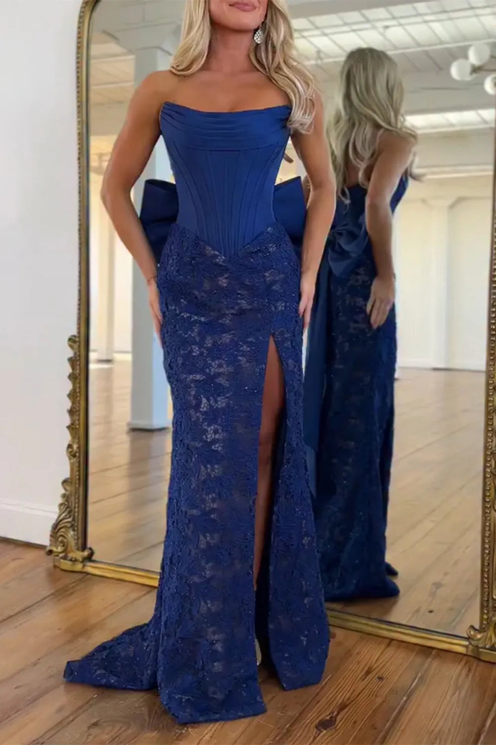 Red Strapless Lace Mermaid Long Corset Prom Dress with Bow