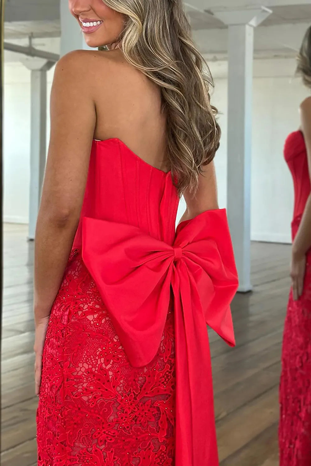 Red Strapless Lace Mermaid Long Corset Prom Dress with Bow