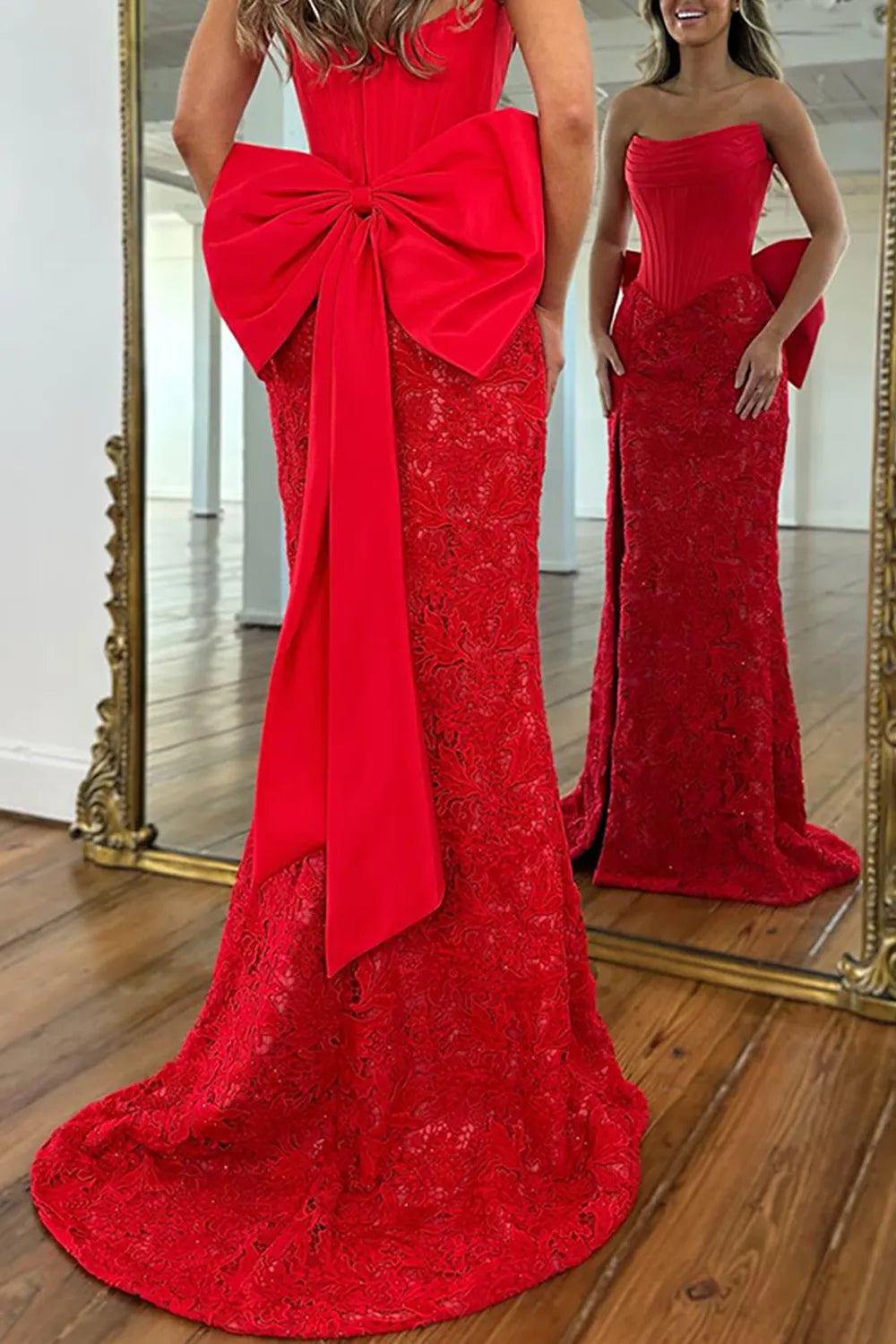 Red Strapless Lace Mermaid Long Corset Prom Dress with Bow