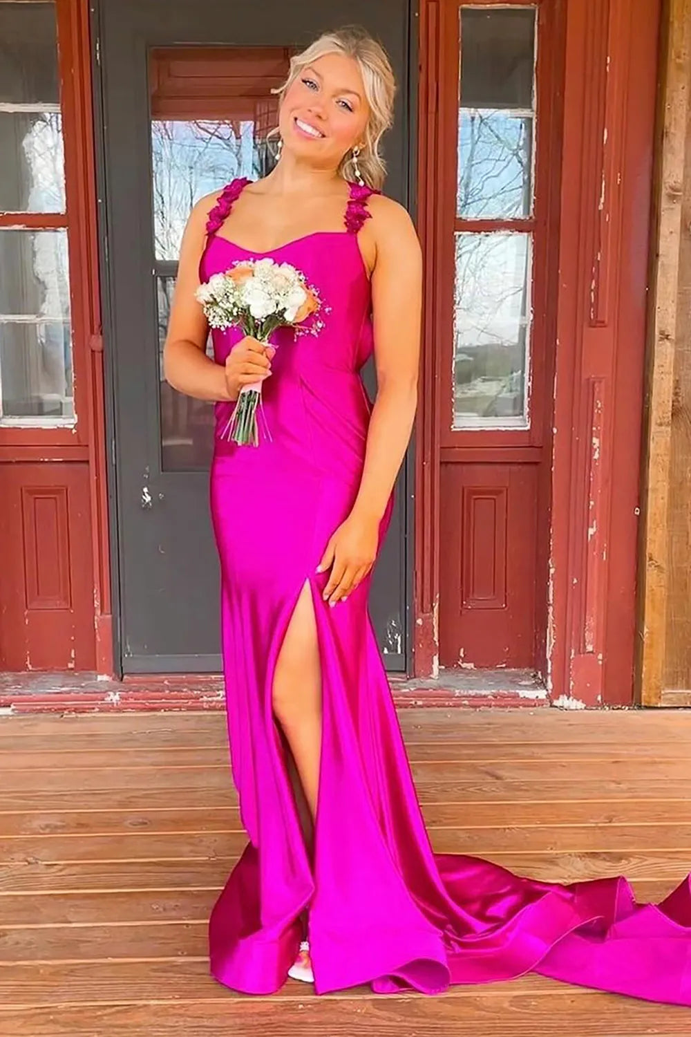 Red Spaghetti Straps Satin Mermaid Long Prom Dress with Slit
