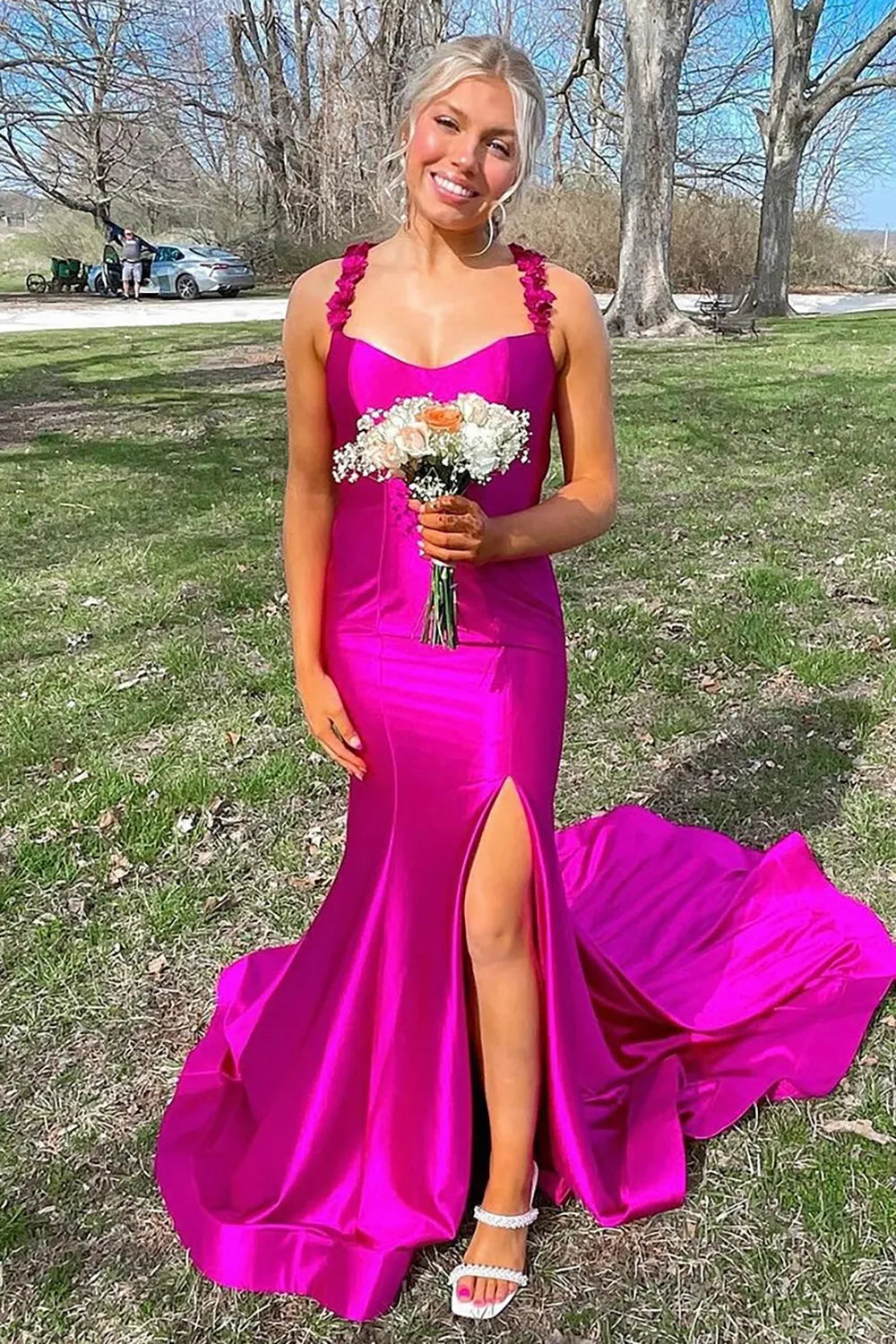 Red Spaghetti Straps Satin Mermaid Long Prom Dress with Slit