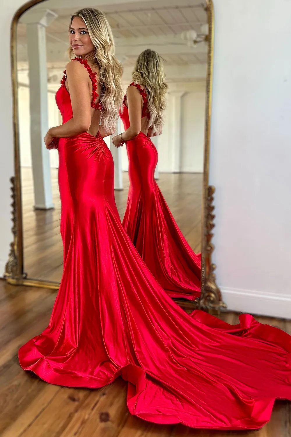 Red Spaghetti Straps Satin Mermaid Long Prom Dress with Slit